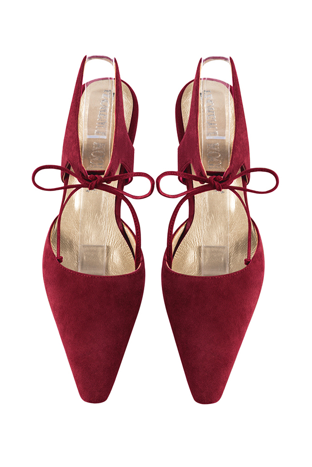 Women's burgundy red elegant closed-toe heels, with an instep strap. Tapered toe. Medium spool heels - Top view